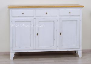 Living room or kitchen sideboard in solid wood with white lacquered finish and oak top